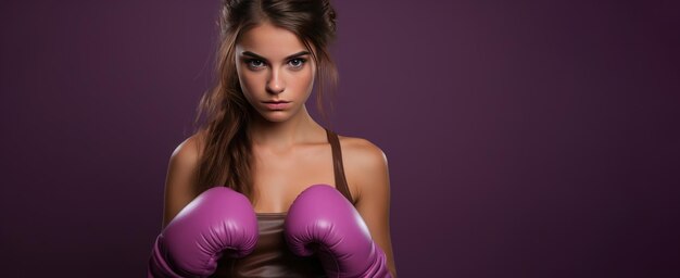 Woman wearing boxing gloves purple banner strong sporty woman concept generative ai