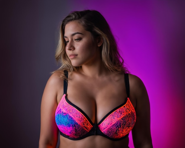 A woman wearing a bra with neon pink and blue lights