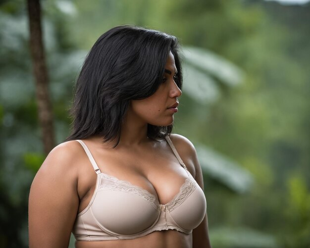 A woman wearing a bra in the woods