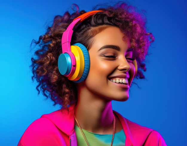 A woman wearing a bright pink headphones with the word music on the front.