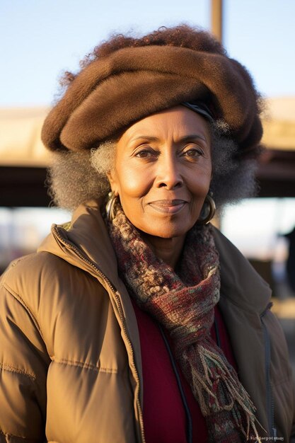 Foto una donna che indossa un cappello e una sciarpa marroni