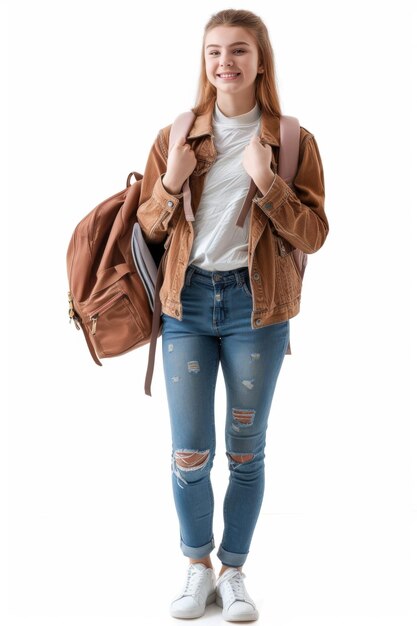 Photo a woman wearing a brown jacket with a white shirt and jeans