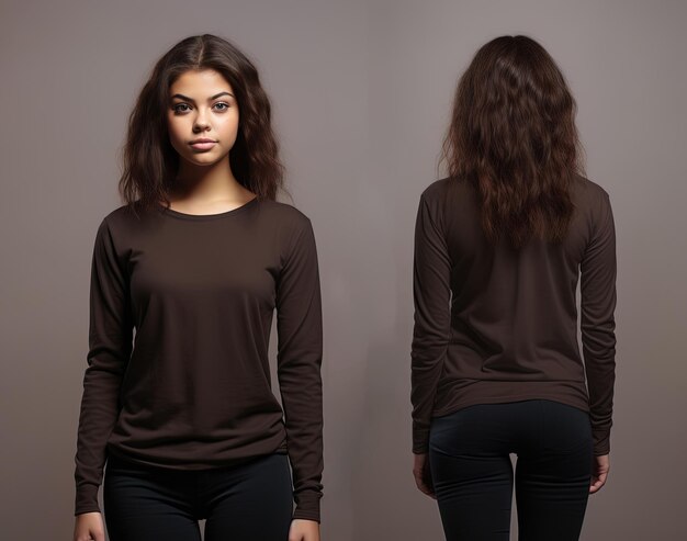 Woman wearing a brown Tshirt with long sleeves Front and back view