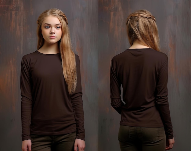 Woman wearing a brown Tshirt with long sleeves Front and back view