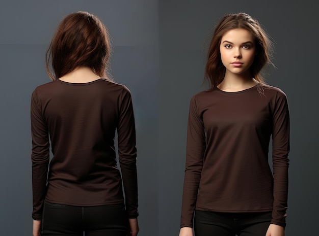 Woman wearing a brown Tshirt with long sleeves Front and back view