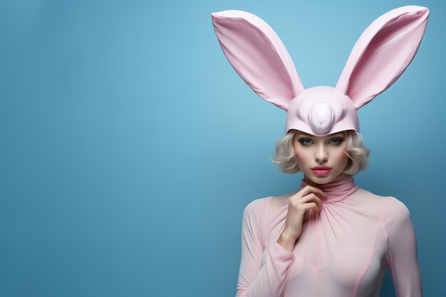 Woman wearing bunny ears on blue background