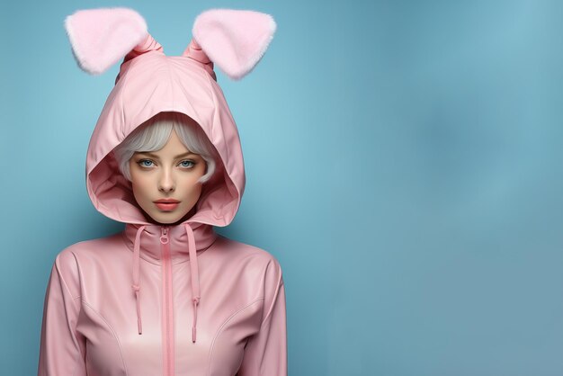 Photo woman wearing bunny ears on blue background