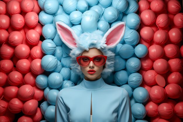 Woman wearing bunny ears on blue background