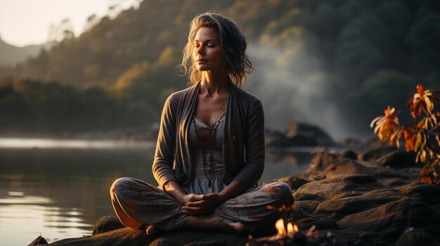 Photo a woman wearing a calm seagreen yoga outfit practicing yoga on a calm river bank at sunrise