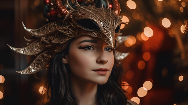 A woman wearing a carnival mask stands in front of a blurred background with bokeh lights.