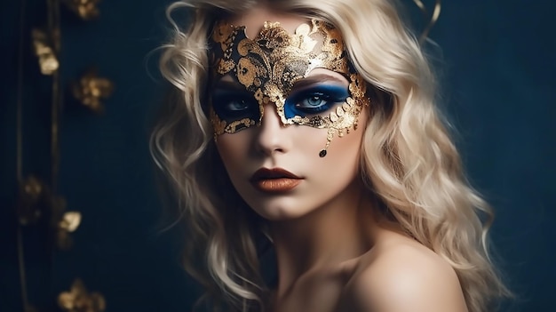 Woman wearing a carnival mask with gold and blue colors