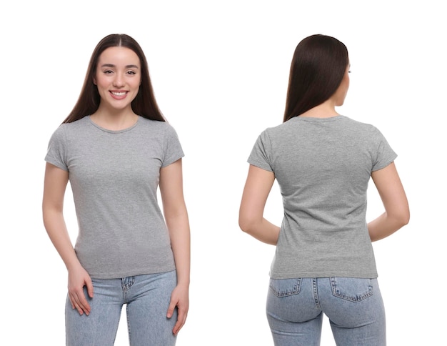 흰색 배경에 캐주얼한 회색 티셔츠를 입은 여성은 후면 및 전면 사진이 있는 디자인 콜라주를 위해 흉내냅니다.