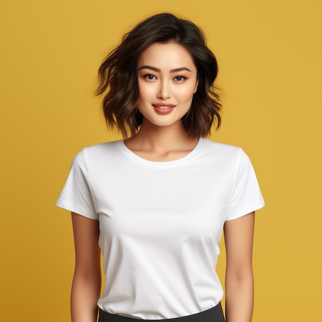 Woman wearing casual tshirt on white background closeup Collage with back and front view photos