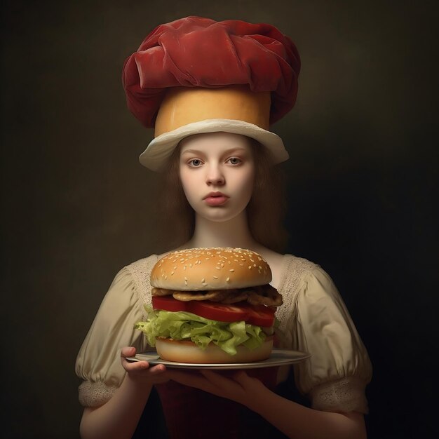 Foto una donna che indossa un cappello da chef tiene un grande hamburger su un piatto