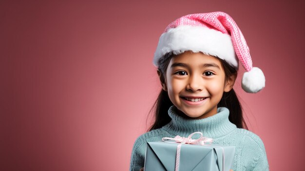 Foto una donna che indossa un cappello di natale sorride e porta un regalo sullo sfondo dello studio