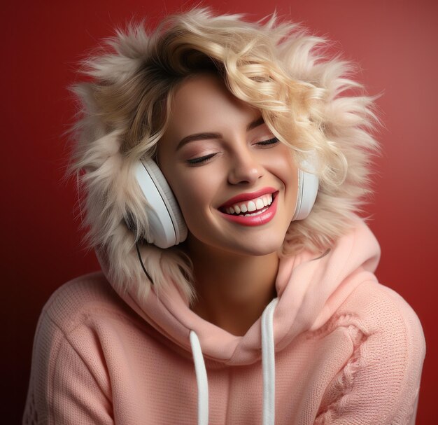 a woman wearing a christmas jumper and listening to music isolated