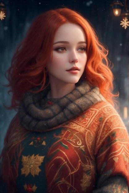 a woman wearing a Christmas sweater copper hair winter whimsical intricate brush strokes