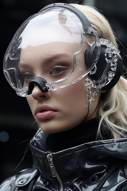 a woman wearing a clear plastic mask and headphones