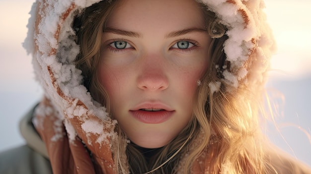 A woman wearing a coat with snow on her hood