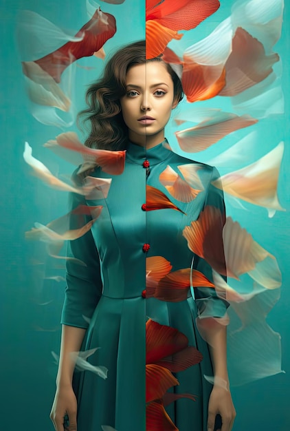 a woman wearing a colorful dress in a photo collage in the style of double exposure
