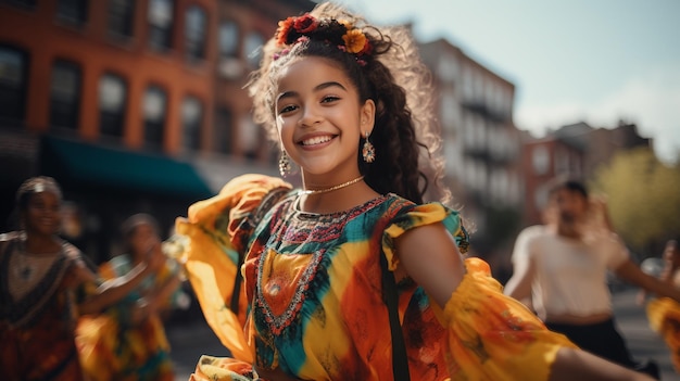 Woman Wearing Colorful Dress With Flowers in Hair Hispanic Heritage Month