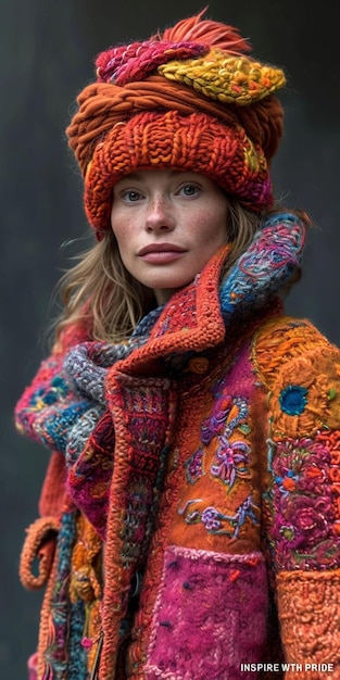 Photo a woman wearing a colorful hat and scarf