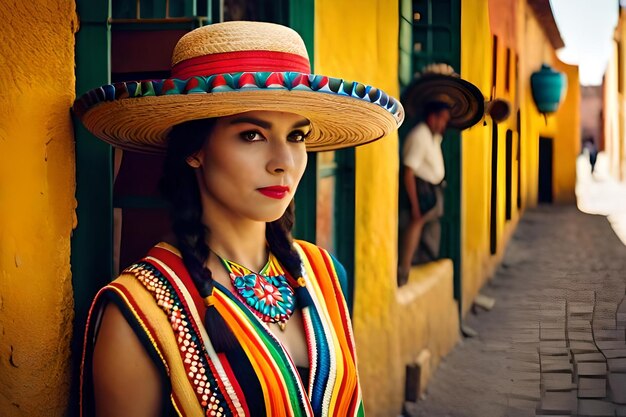 A woman wearing a colorful hat stands in front of a building with a man in the background.