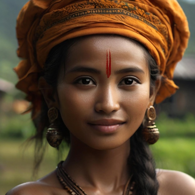 a woman wearing a colorful headdress with a red tassel on her head