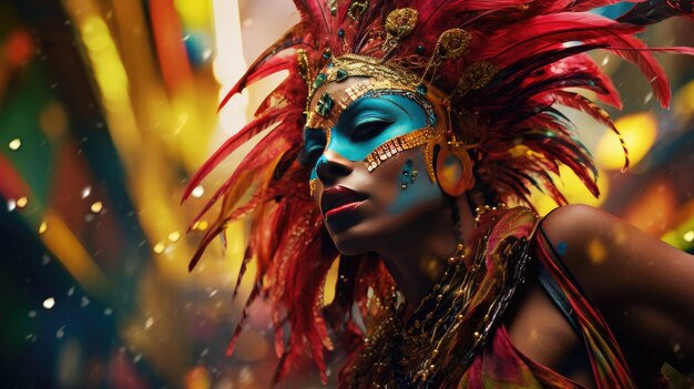 Woman Wearing Colorful Mask and Headdress Carnival Day