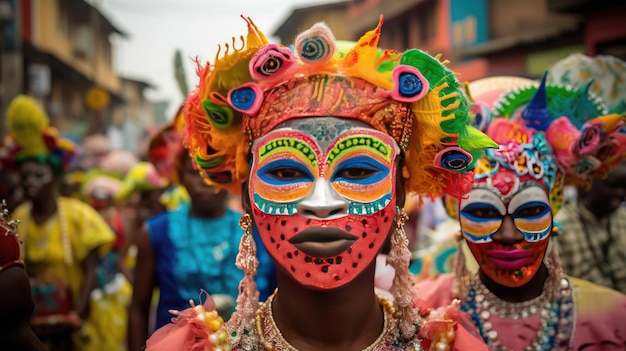 a woman wearing a colorful mask is walking in a parade.