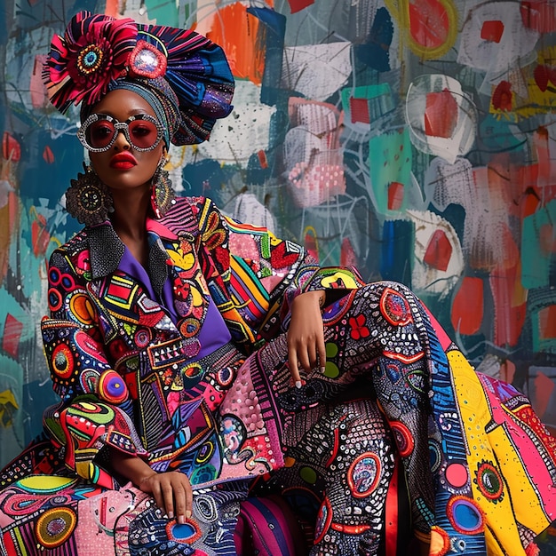 a woman wearing a colorful outfit sits in front of a colorful wall with a colorful hat on it
