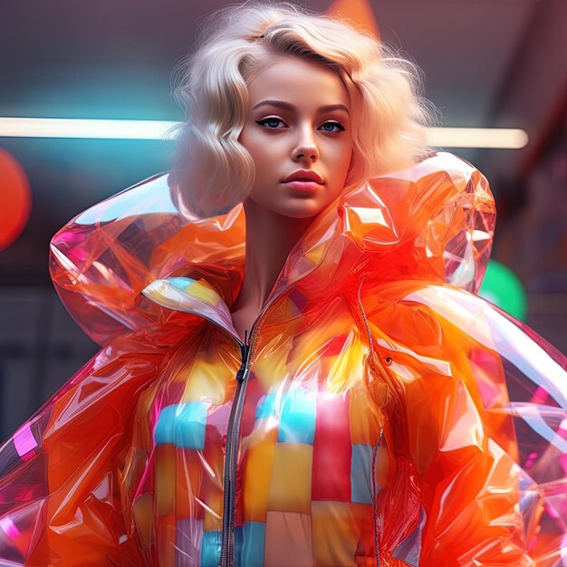 a woman wearing a colorful outfit with a colorful bag on it