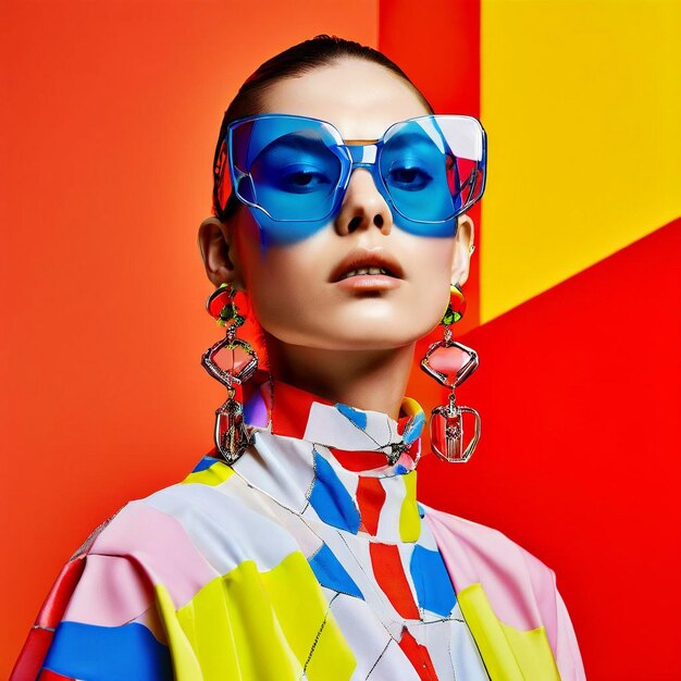 Photo a woman wearing a colorful outfit with the sun glasses on her face