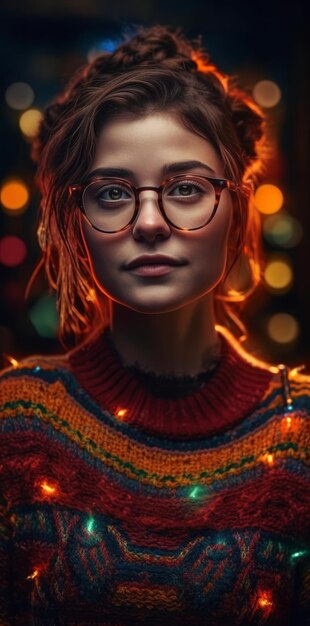 A woman wearing a colorful sweater with the word love on it