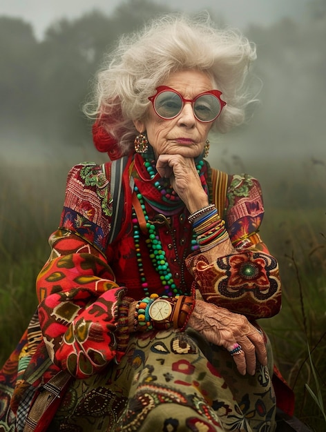 a woman wearing a colorful top with red glasses and a shirt that says quot she is sitting in a field