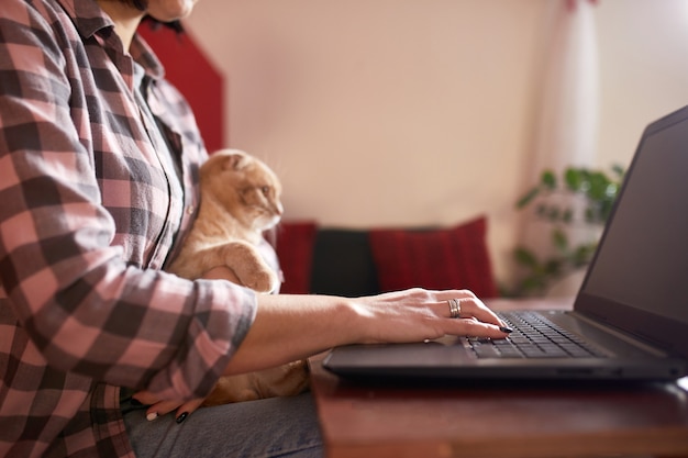 Woman wearing comfy style is buying by credit card on a black laptop holding a cat