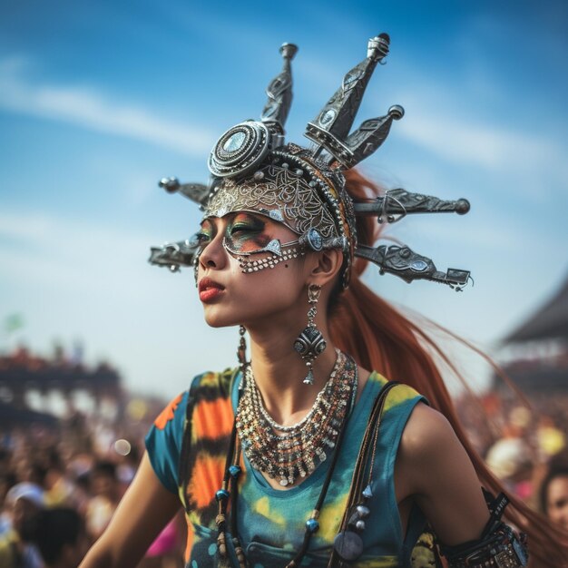 a woman wearing a costume with a hat on it is wearing a headdress that says " no. "