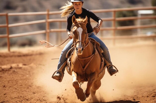 Photo a woman wearing a cowboy hat is riding a horse