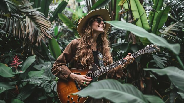 A woman wearing a cowboy hat and sunglasses is playing a guitar in a jungle