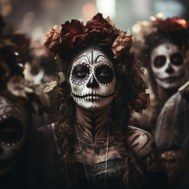 Woman wearing day of the dead costume with make up of face