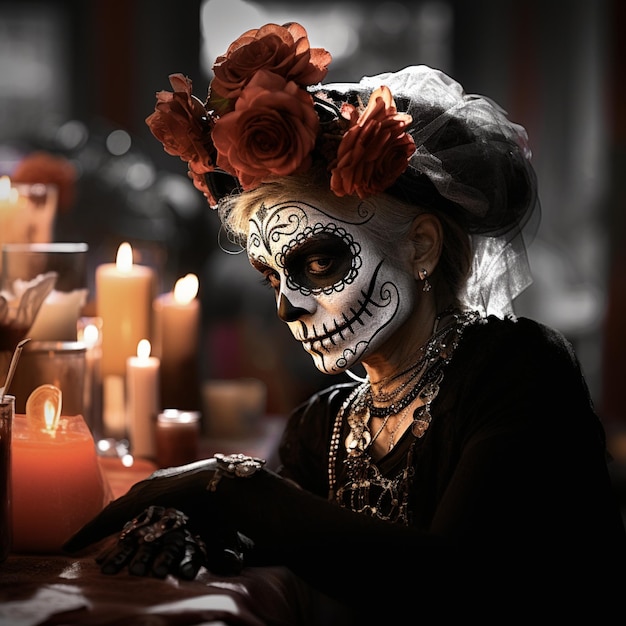 Woman wearing day of the dead costume with make up of face