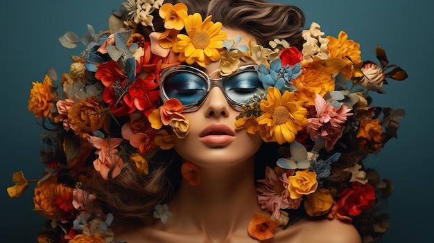 Woman wearing decorative eyeglasses blue glitter make up face covered with different colored flowers