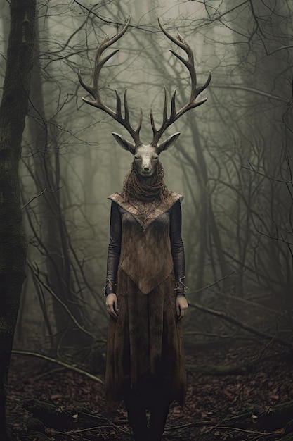 a woman wearing a deer head dress and a dress in a forest