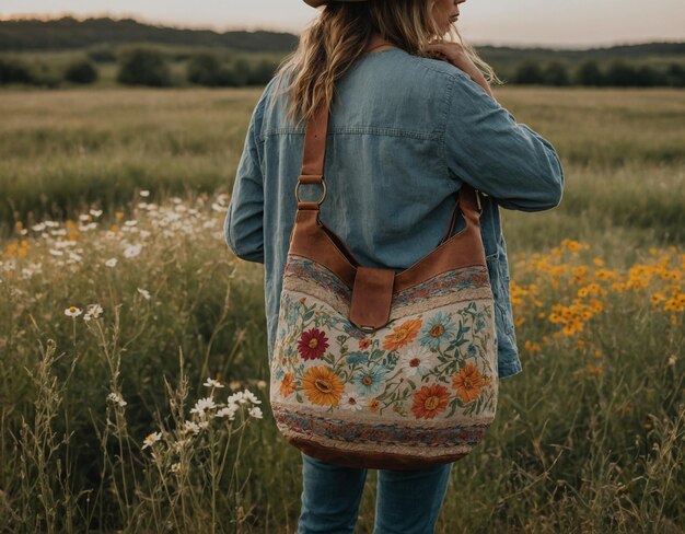 a woman wearing a denim jacket stands in a field with flowers and a bag that says wildflower
