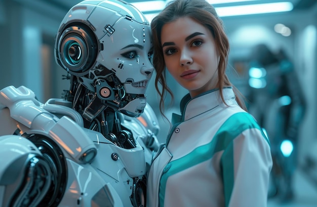 A woman wearing doctor suit and robot standing together