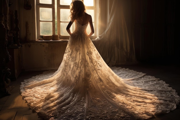 Женщина в платье грациозно стоит перед окном блестящее белое свадебное платье с длинным кружевным поездом
