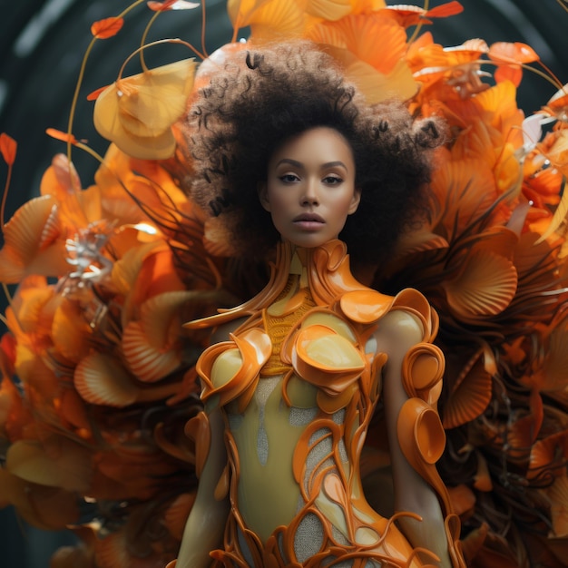 a woman wearing a dress with orange leaves