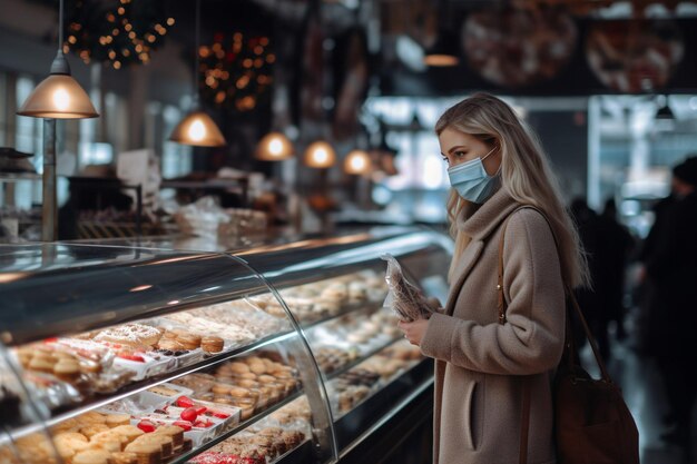 Фото Женщина в маске и покупает в продуктовом магазине