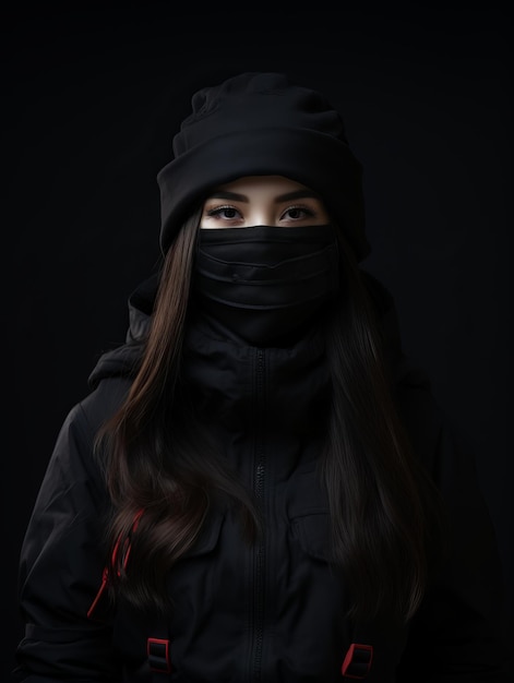 a woman wearing a face mask on a black background