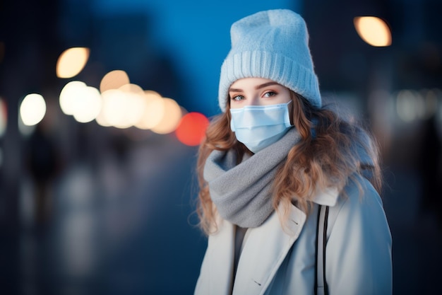 a woman wearing a face mask in the city at night